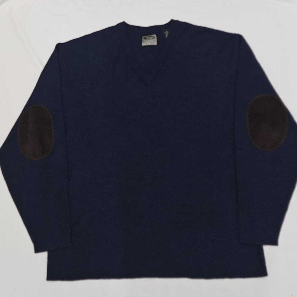 Men’s Premium Gap Extra Fine Merino Wool Sweater M Navy Blue V-Neck Elbow Patch